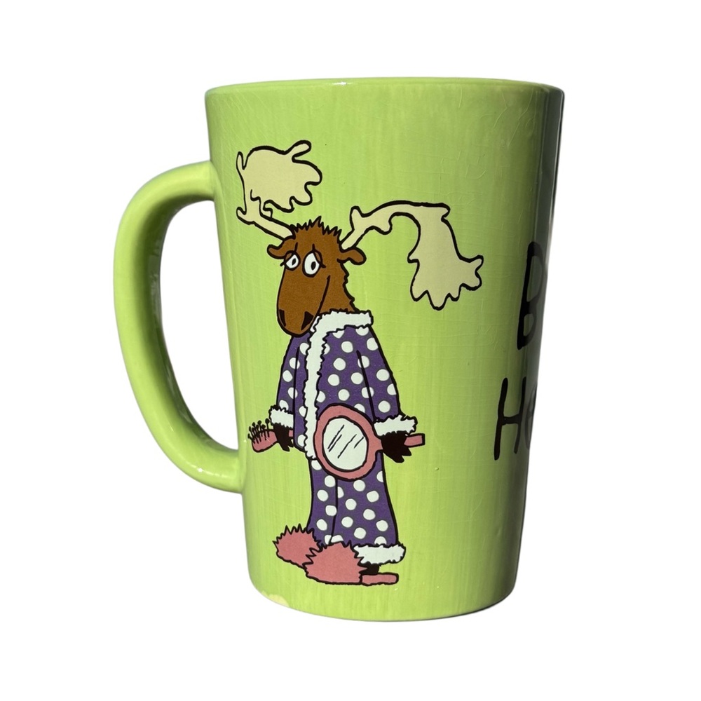 “Bed Head” Moose Graphic Novelty Coffee Tea Mug 2009 By Lazy One Lime/Pink